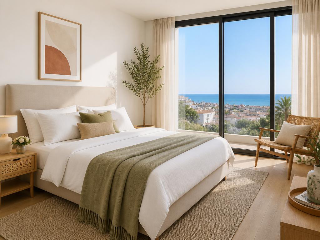 Bright, pristine modern apartment bedroom ready for holiday rental guests, with fresh white linen and Mediterranean sea view